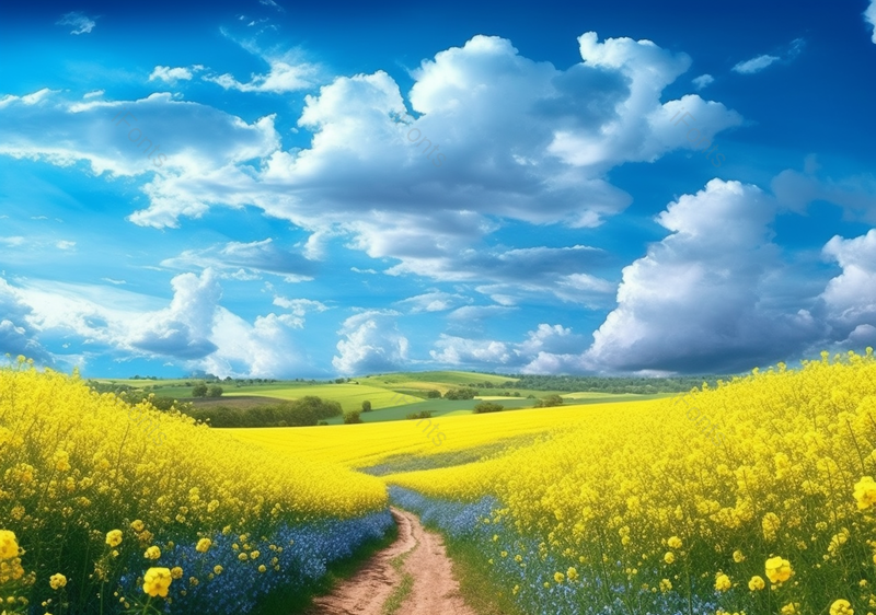 满山遍野黄色花丛蓝天白云夏日田园风格油画,插画/手绘图,插画/手绘图库,插画/手绘图下载,插画/手绘